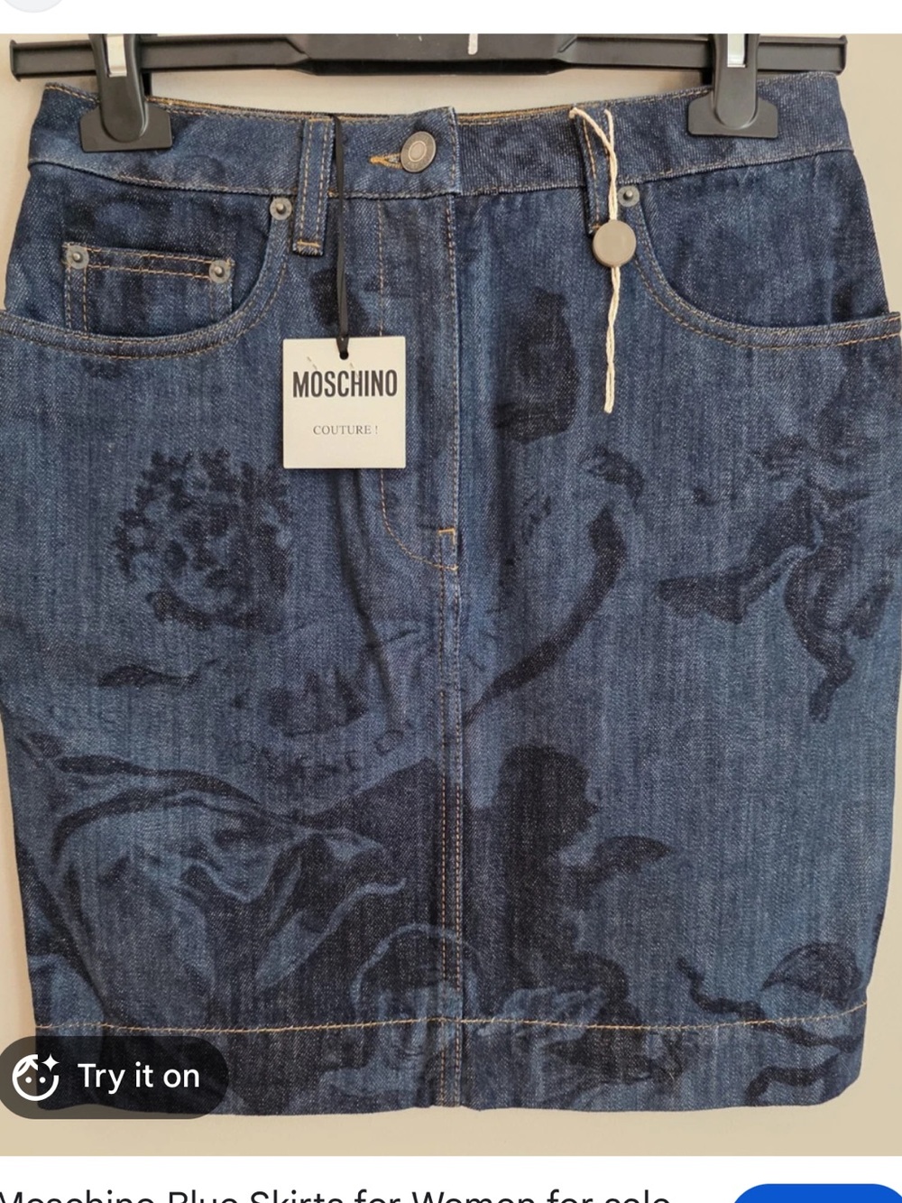 Moschino Dark Blue Statues and Angels Denim Mini Skirt